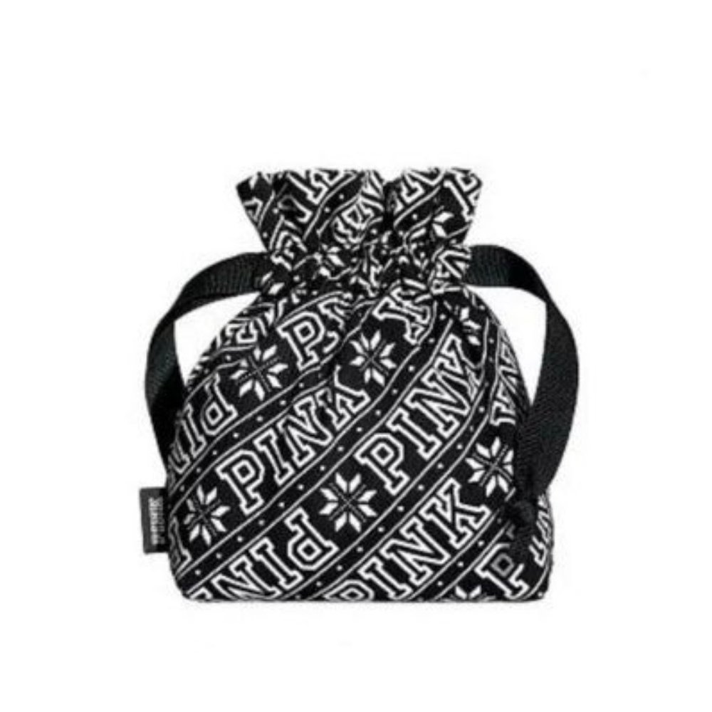 Victoria's Secret PINK Black White Logo Snowflake Small Pouch Bag Drawstring NWT